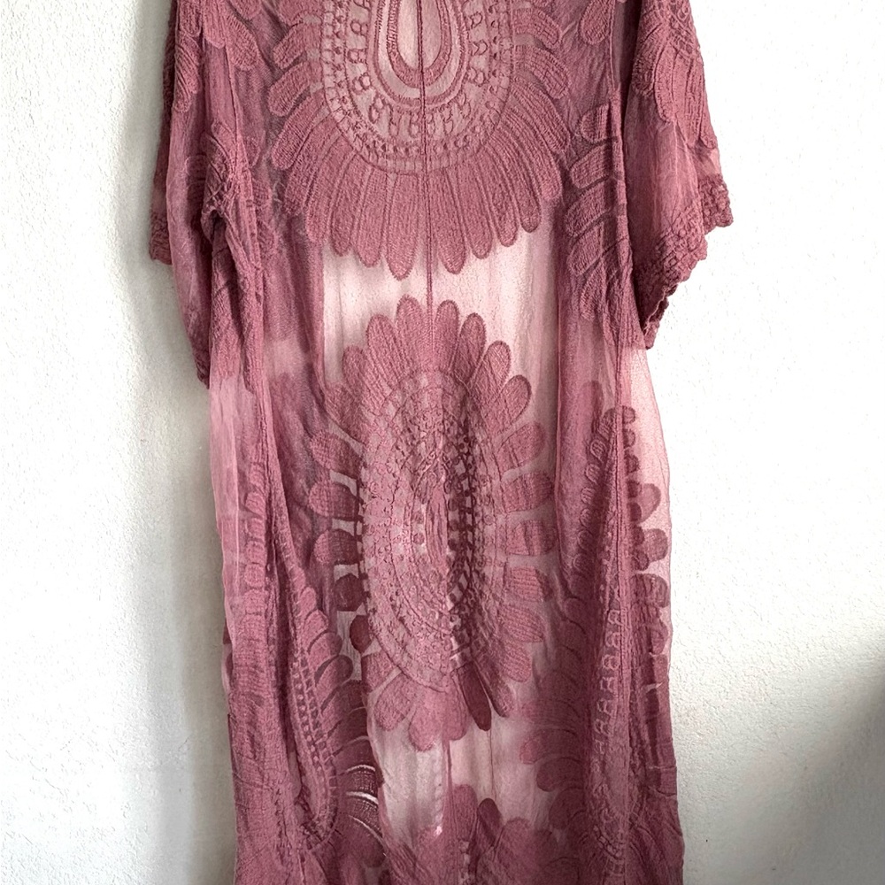 Rebellion Sheer Lace Duster/Kimono, Long Cardigan, Dark Rose Color, Sz. Small - Picture 8 of 12